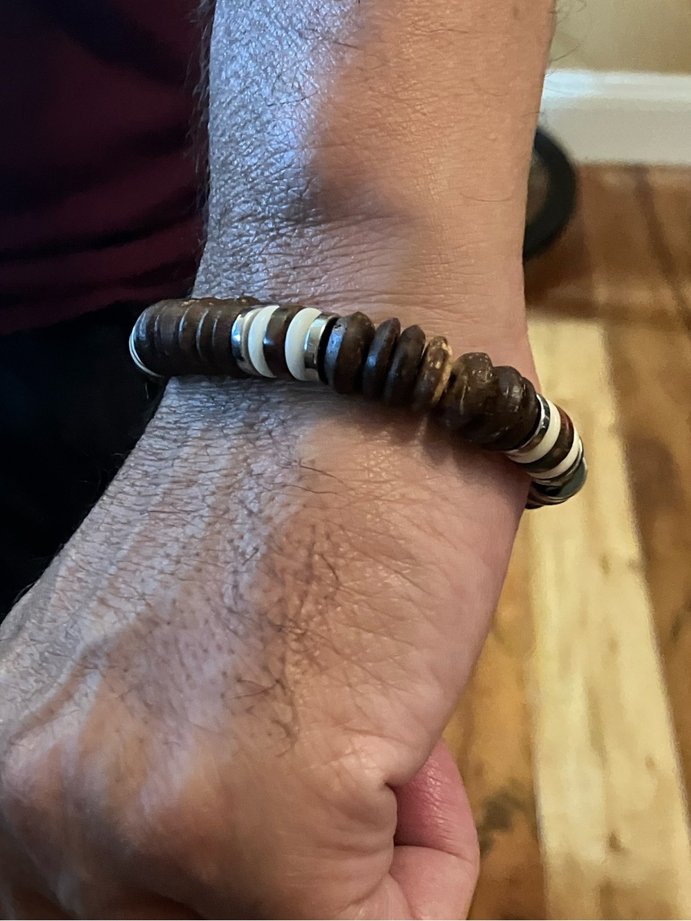 Men's 8.5 inch Bracelet Wood (7 in a row), Gemstones, Hematite + stone beads